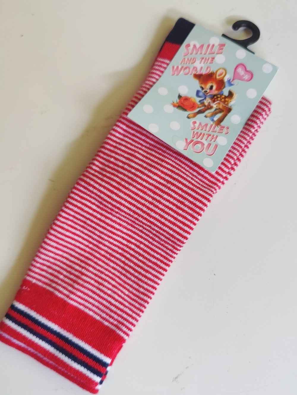 Mim-Pi Kids Red & White Striped Knee-High Socks with Navy Trim